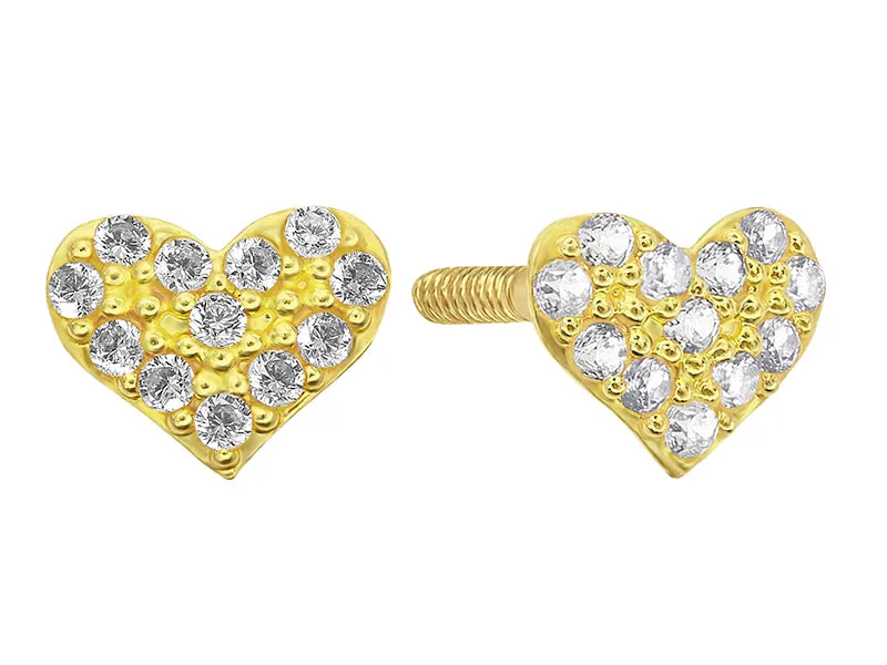 14k Yellow Gold Cluster CZ Heart Screw back Earrings