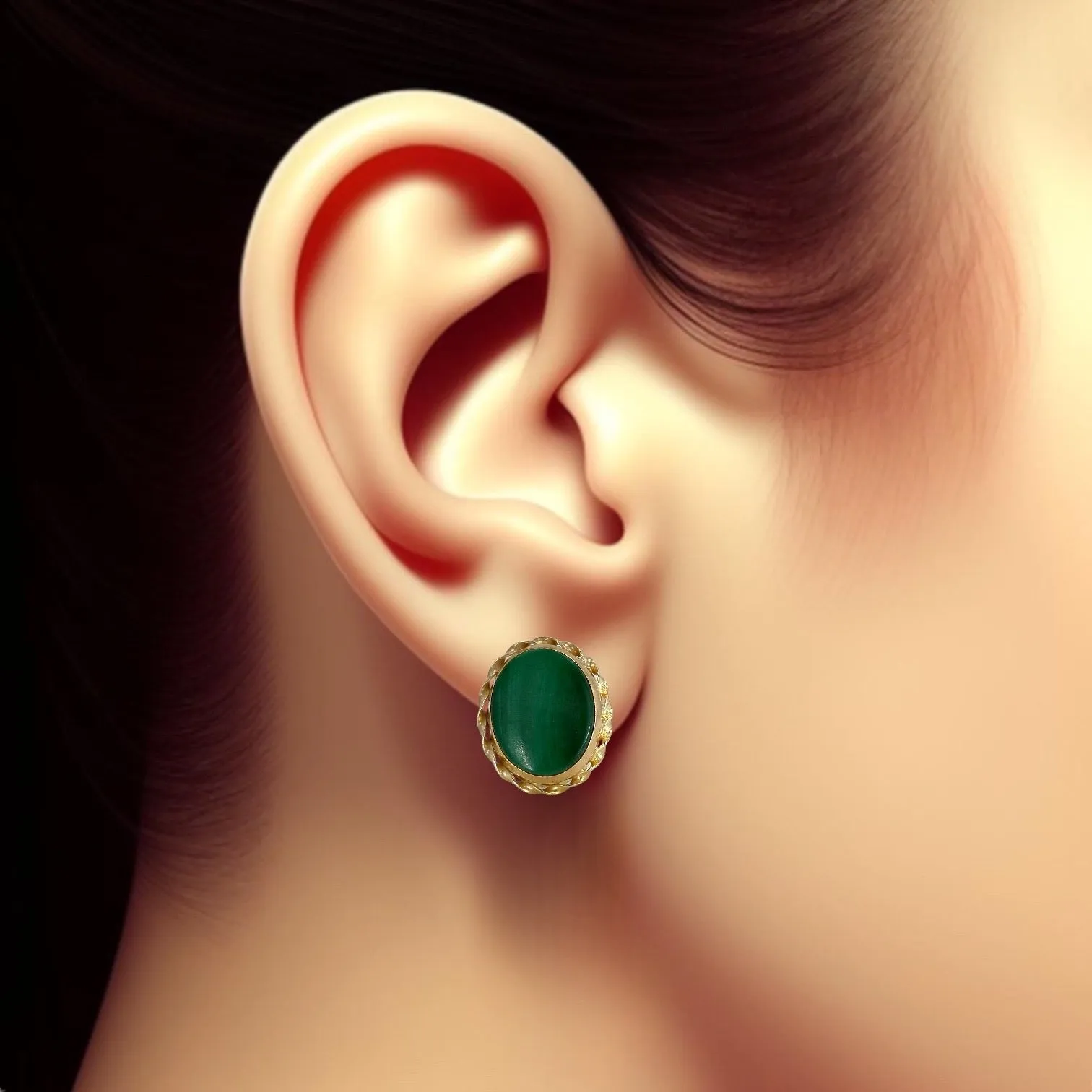 14K yellow gold oval green Malachite earrings