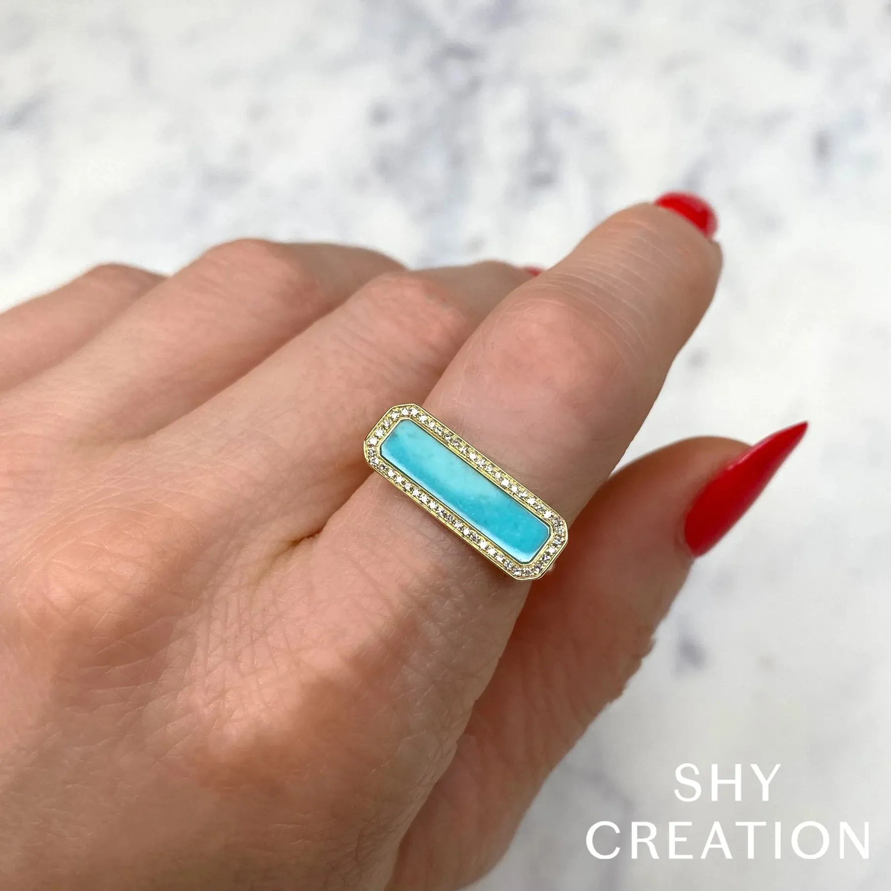 14K Yellow Gold Turquoise Diamond Bar Ring