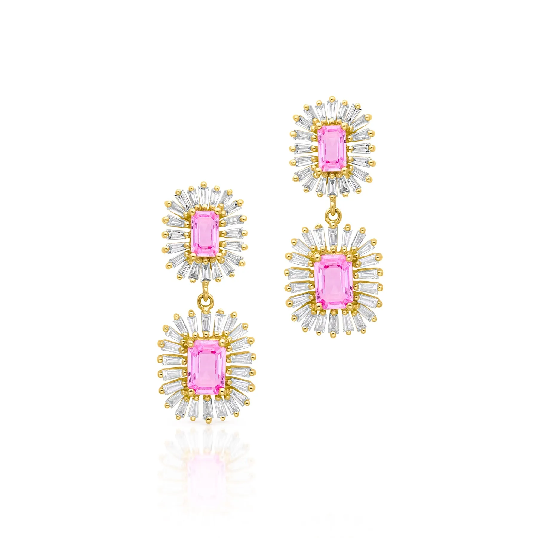 14KT Yellow Gold Pink Sapphire Baguette Diamond Earrings