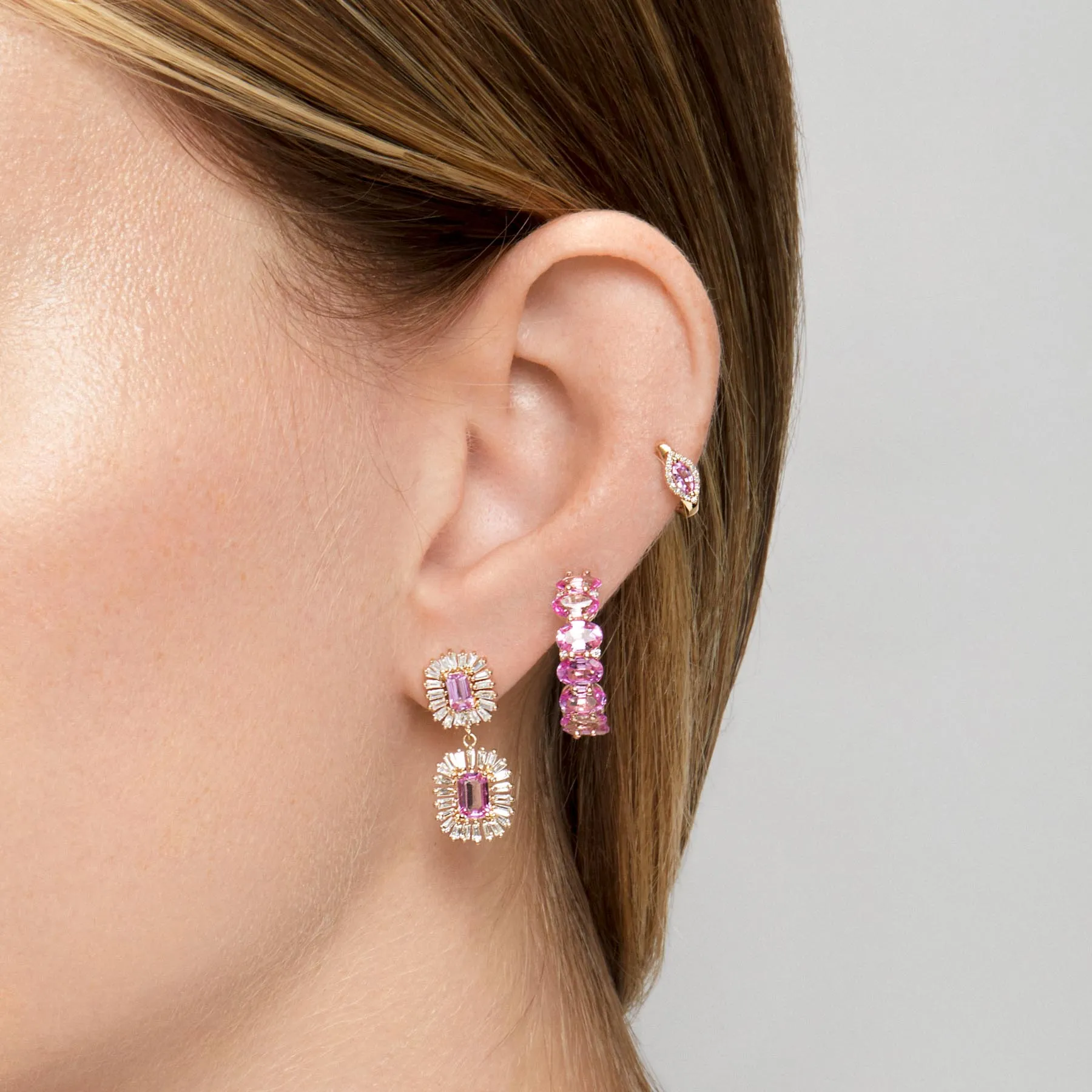 14KT Yellow Gold Pink Sapphire Baguette Diamond Earrings