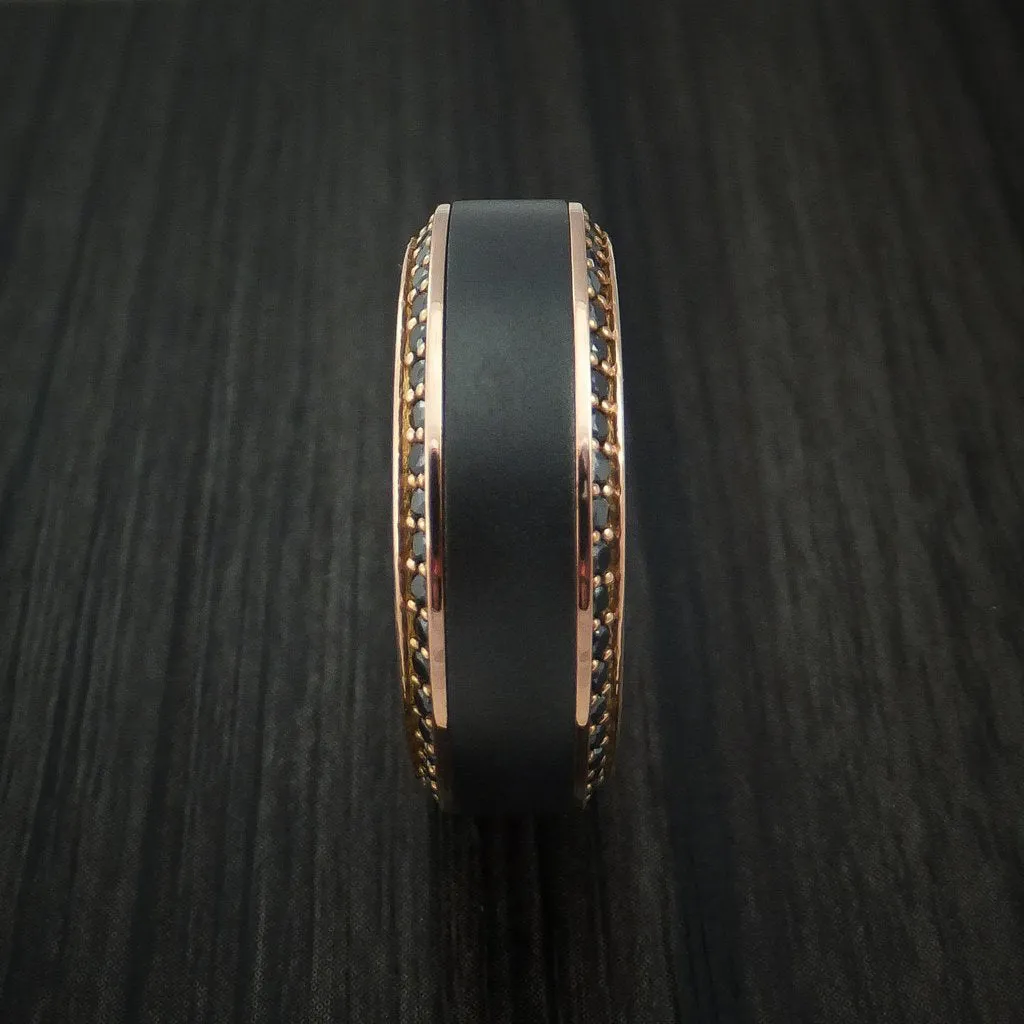 18K Rose Gold Men's Ring with Black Titanium Inlay and Eternity Set Black Diamonds Custom Made Band