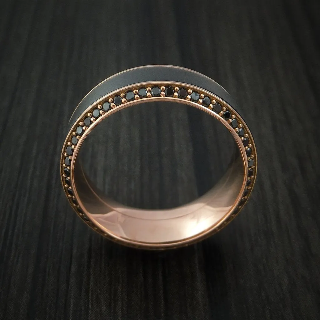 18K Rose Gold Men's Ring with Black Titanium Inlay and Eternity Set Black Diamonds Custom Made Band