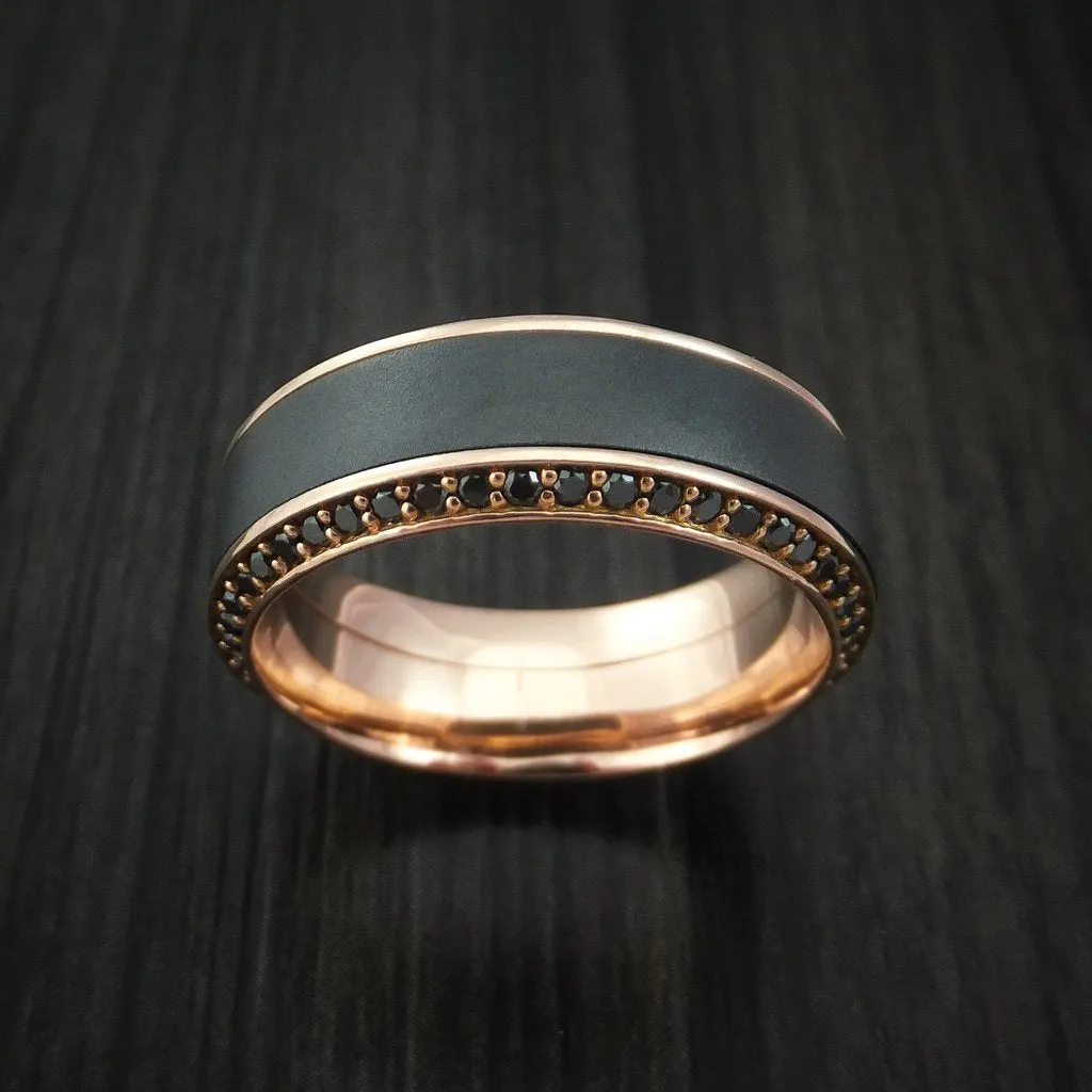 18K Rose Gold Men's Ring with Black Titanium Inlay and Eternity Set Black Diamonds Custom Made Band