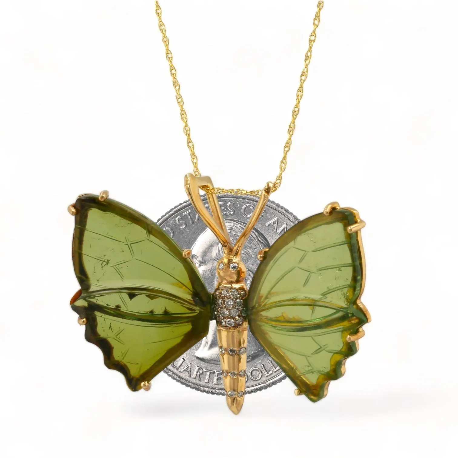 18K Yellow Gold Butterfly Pendant with Diamonds and Peridot Wings - 18049