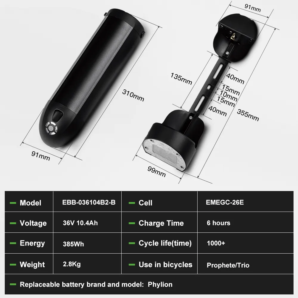 36V 10.4Ah Original Li-ion Cell E-Bike Bottle Battery for Prophete/Trio, Phylion, Red Bull, Stratos, TRIO, Senglar