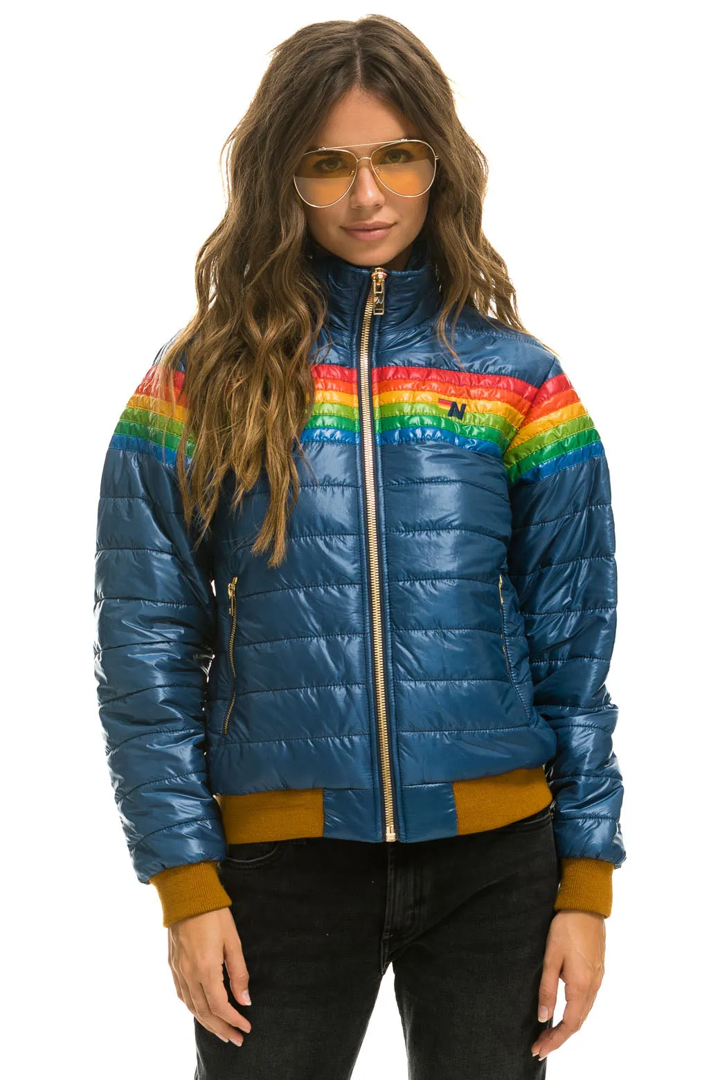 6 STRIPE RAINBOW SLEEVE JACKET -  GLOSSY DEEP BLUE