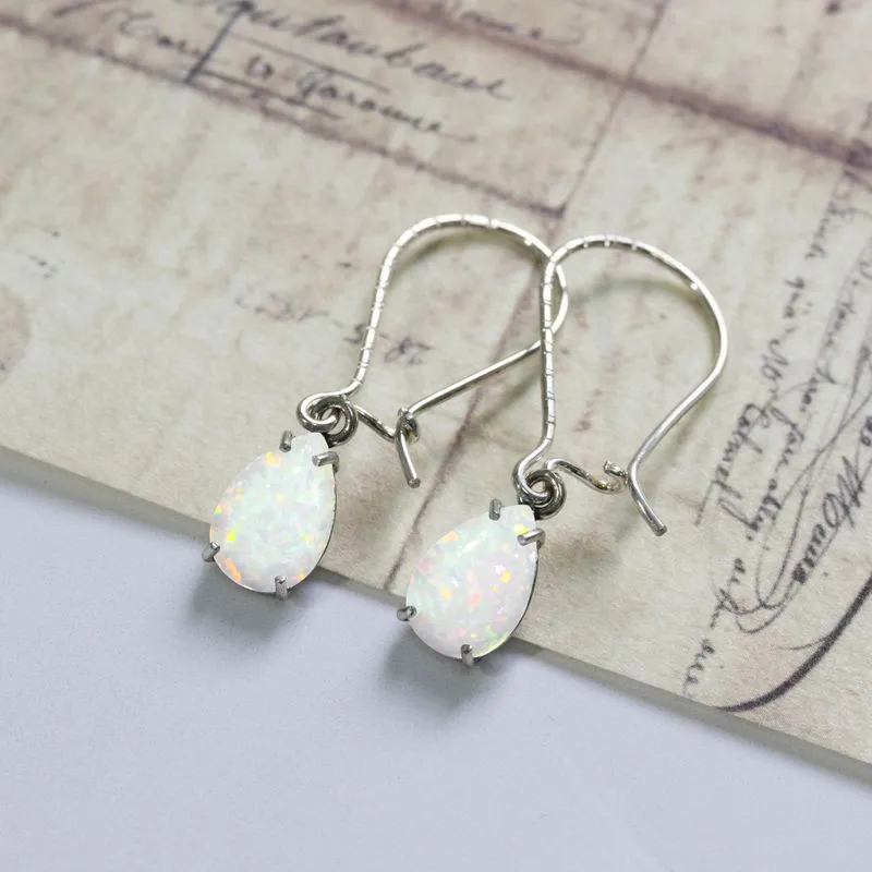 925 Silver White Opal Drop Earrings - October Birthstone, 7X10mm Vintage Gift