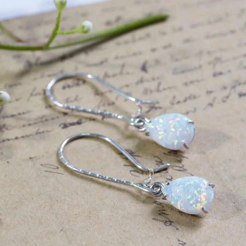 925 Silver White Opal Drop Earrings - October Birthstone, 7X10mm Vintage Gift