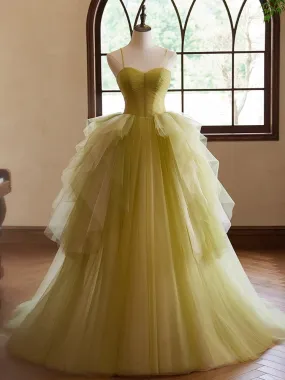 A-Line Sweetheart Neck Tulle Green Long Prom Dress, Green Long Formal Dress