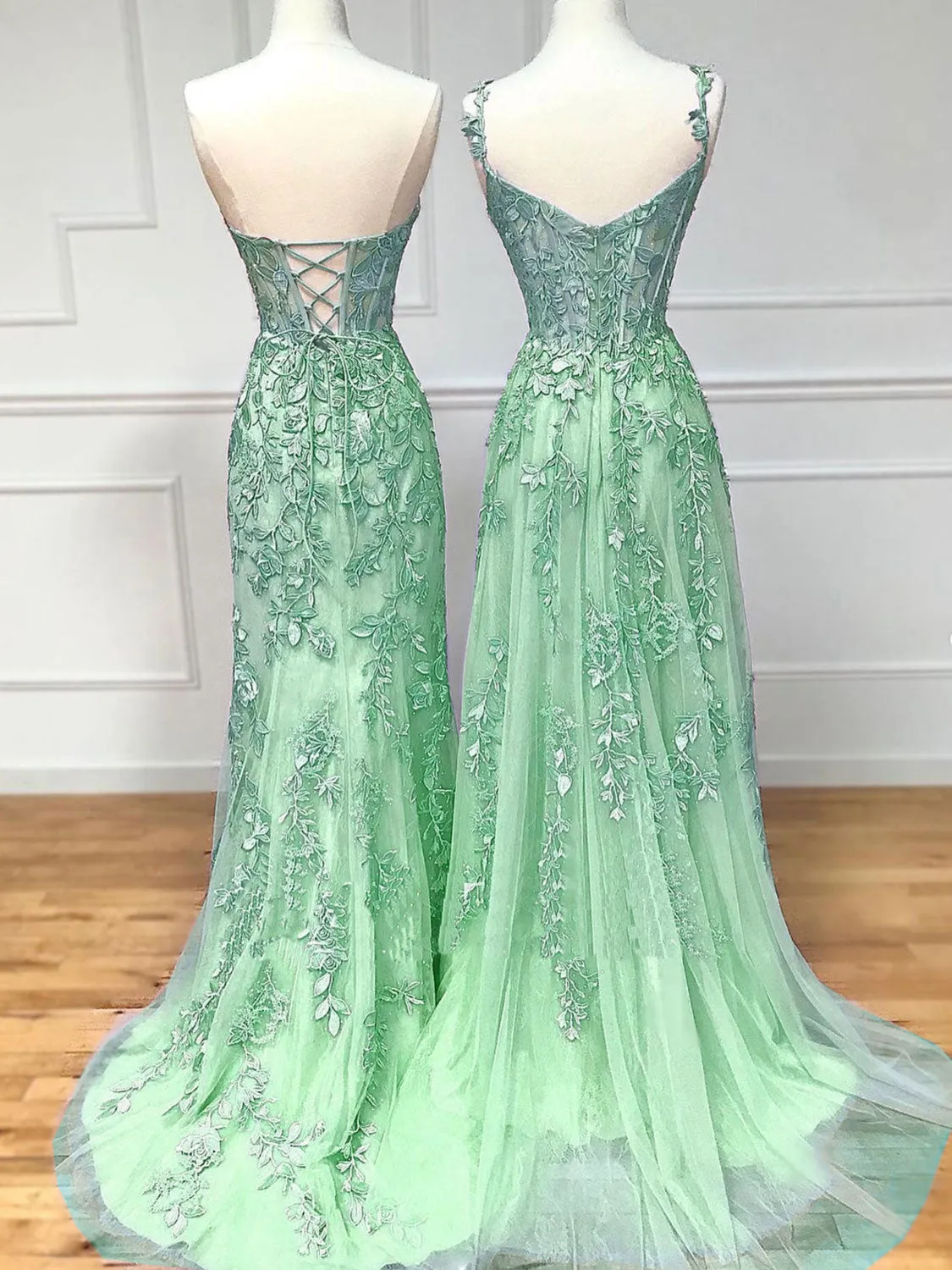 A-Line Tulle Lace Green Long Prom Dress, Green Lace Long Graduation Dress