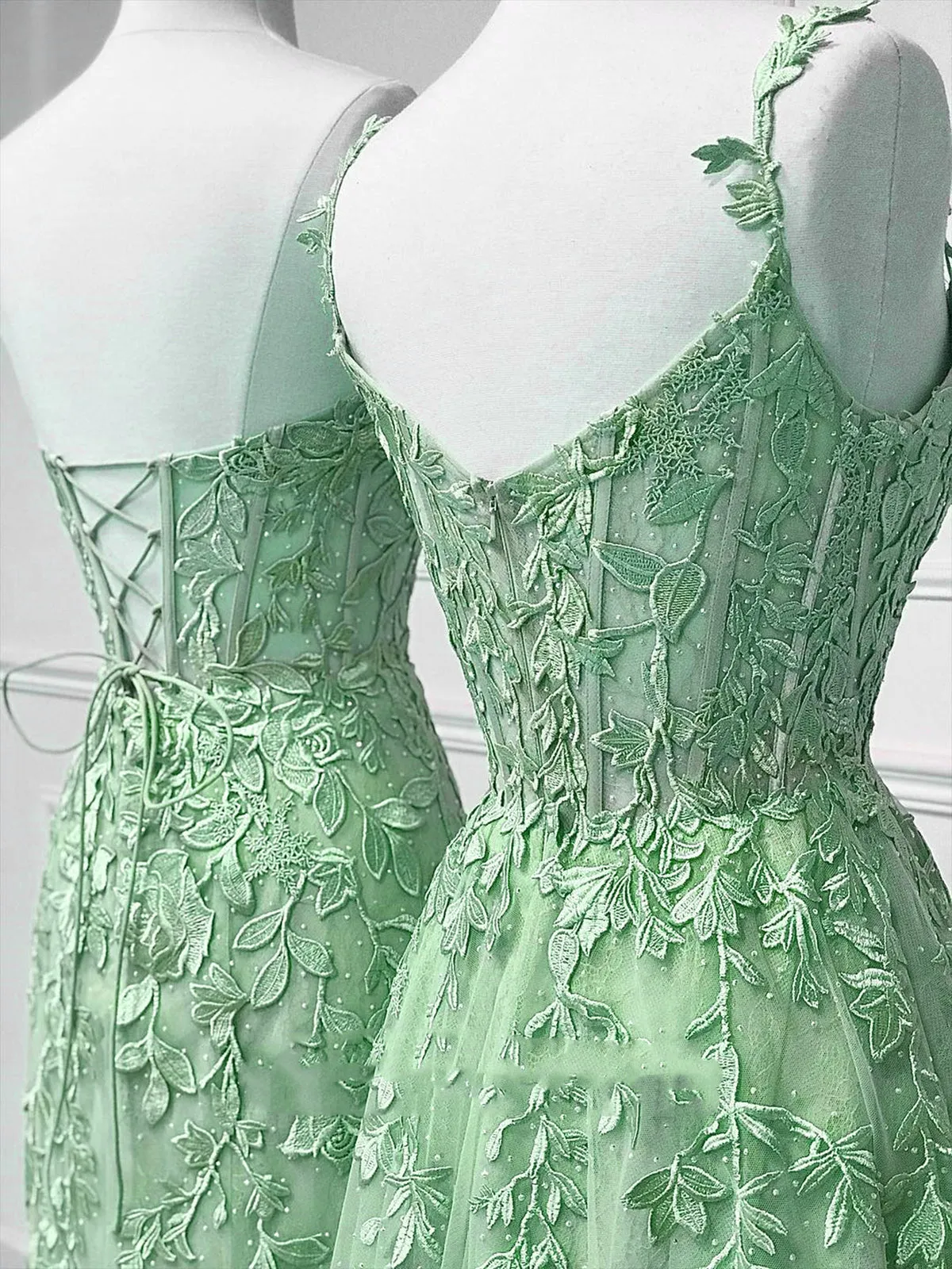 A-Line Tulle Lace Green Long Prom Dress, Green Lace Long Graduation Dress