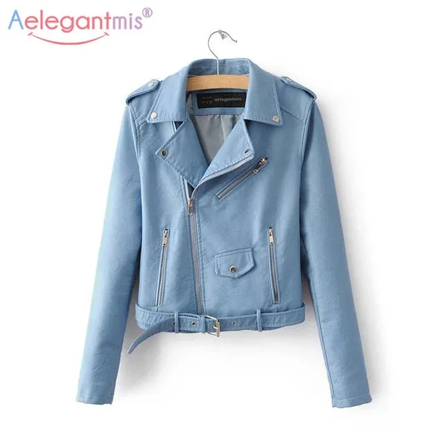 Aelegantmis Autumn New Short Faux Soft Leather Jacket Women Fashion Zipper Motorcycle PU Leather Jacket Ladies Basic Street Coat