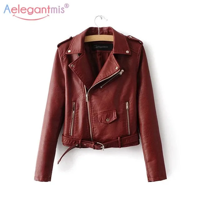 Aelegantmis Autumn New Short Faux Soft Leather Jacket Women Fashion Zipper Motorcycle PU Leather Jacket Ladies Basic Street Coat