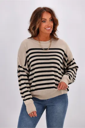 Alpine by Shine On Georgia Striped Merino Batwing Top Oatmeal w Black