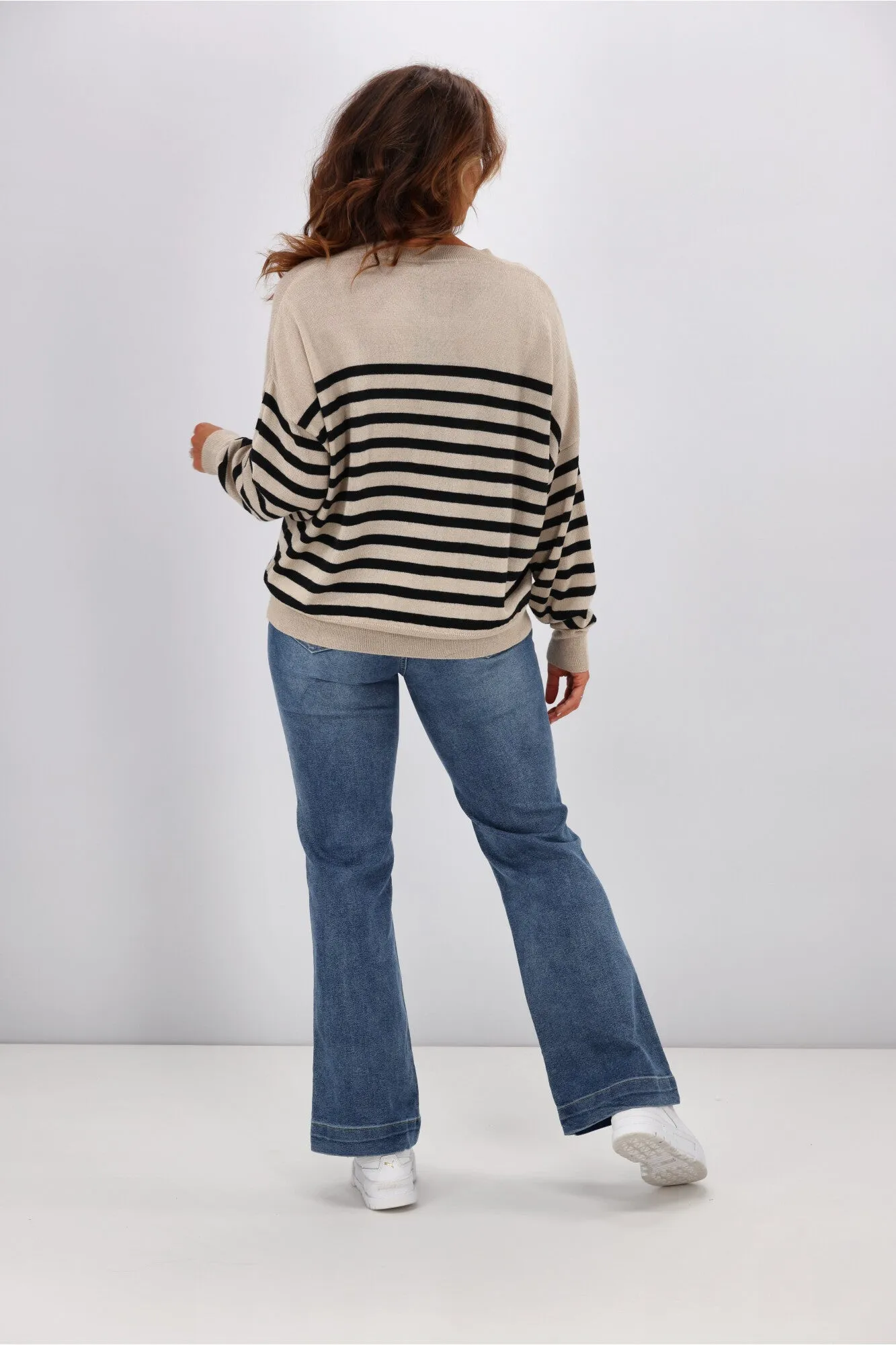 Alpine by Shine On Georgia Striped Merino Batwing Top Oatmeal w Black