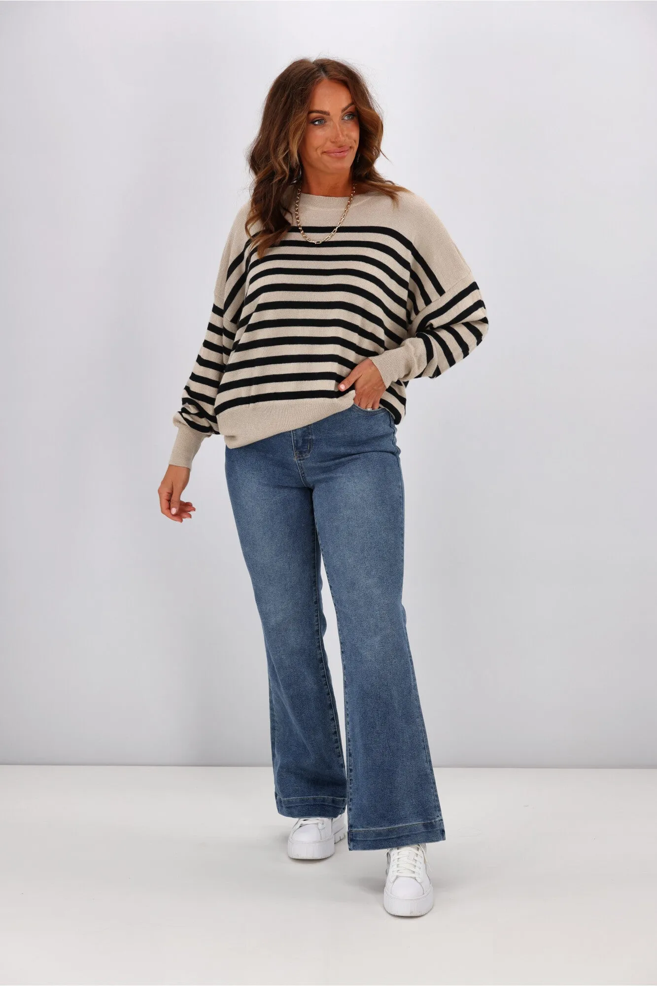 Alpine by Shine On Georgia Striped Merino Batwing Top Oatmeal w Black