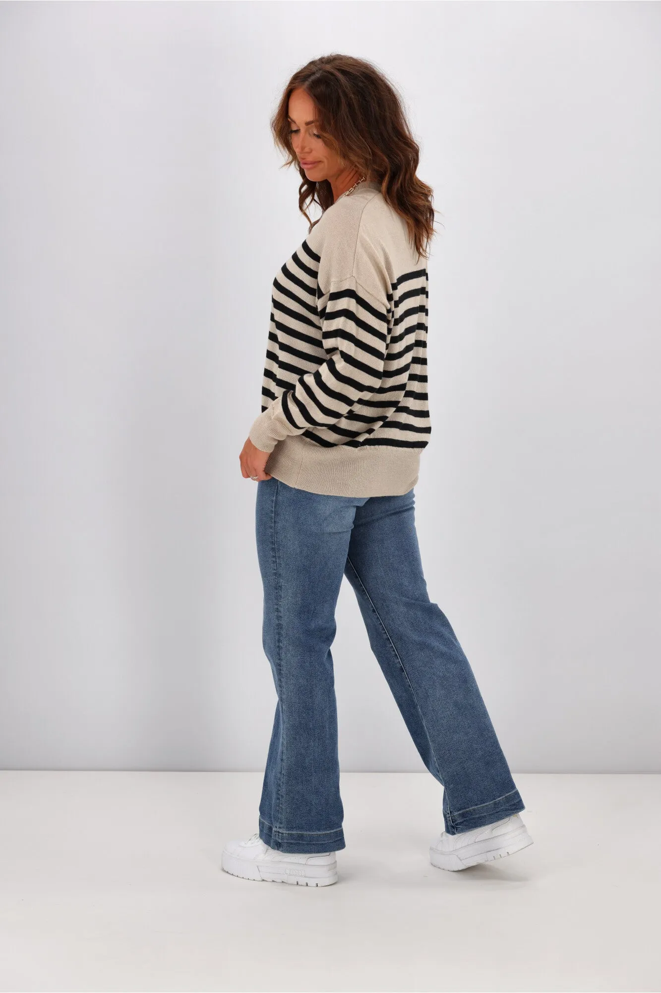 Alpine by Shine On Georgia Striped Merino Batwing Top Oatmeal w Black