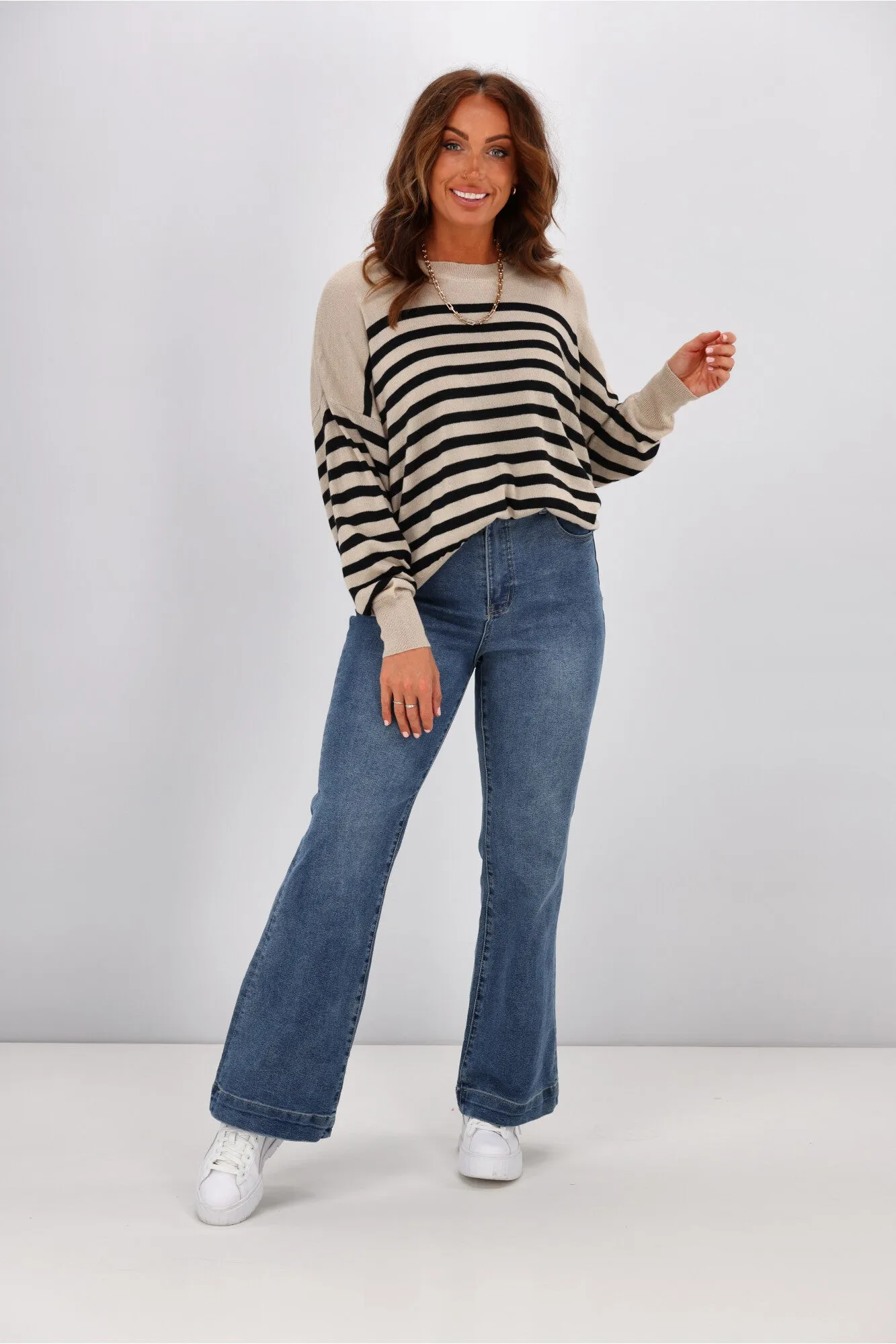 Alpine by Shine On Georgia Striped Merino Batwing Top Oatmeal w Black