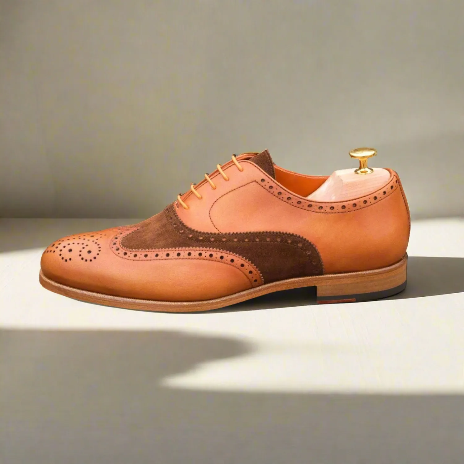 Ambrogio Bespoke Custom Men's Shoes Brown & Orange Suede / Calf-Skin Leather Wingtip Oxfords (AMB1880)