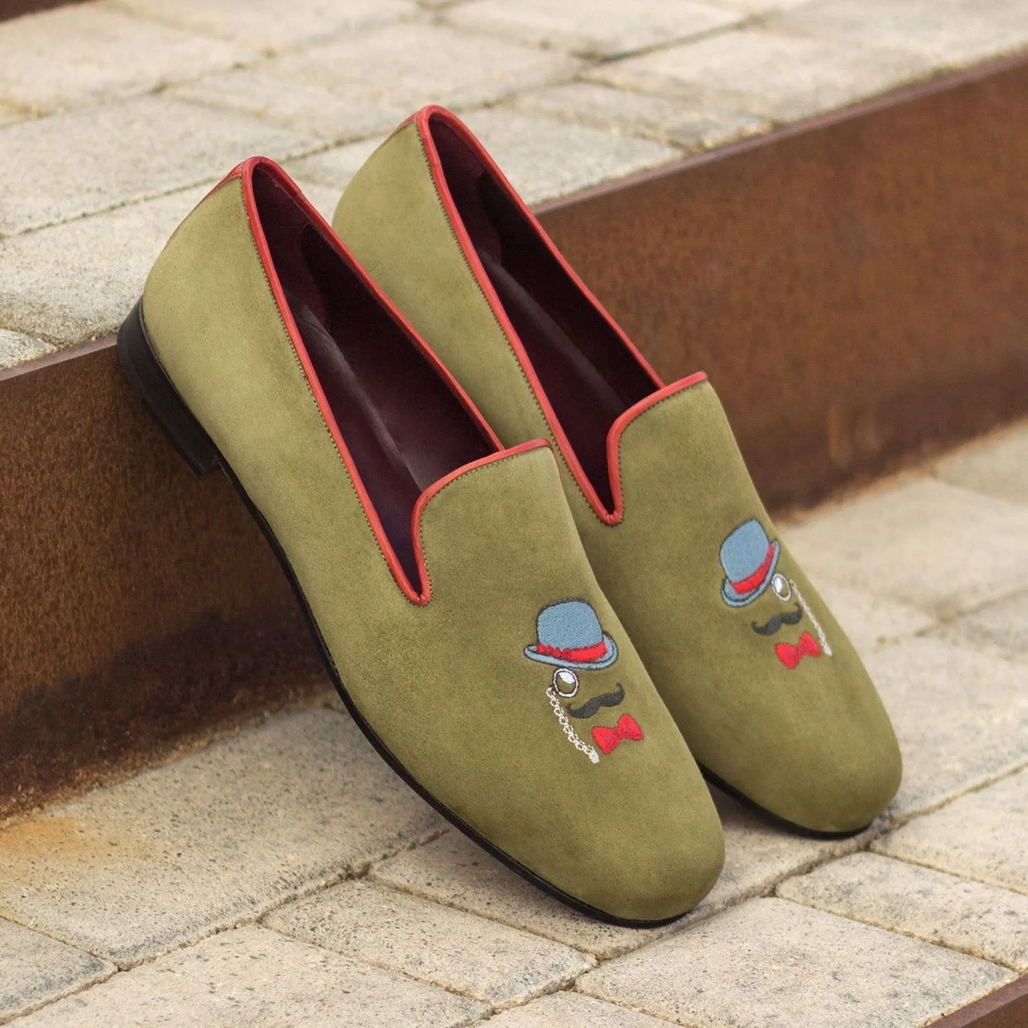 Ambrogio Bespoke Men's Handmade Custom Made Shoes Green & Red Suede / Calf-Skin Leather Wellington Loafers (AMB1309)