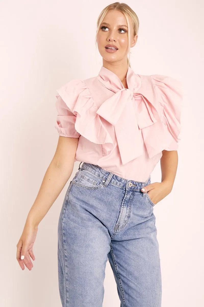 Baby Pink Ruffle Bow Shirt - Galina