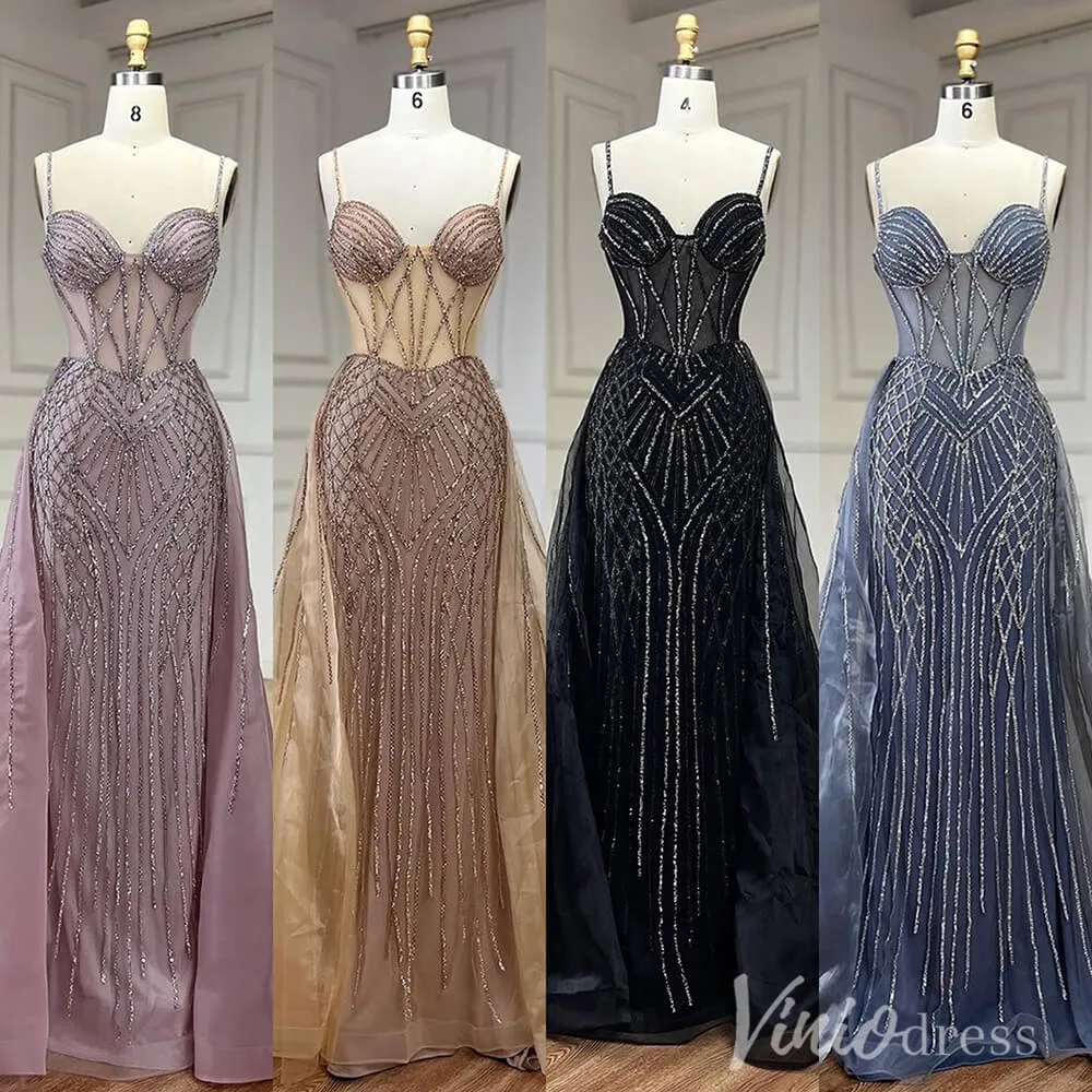 Beaded Lace Mermaid Prom Dresses with Overskirt Spaghetti Strap Pageant Dress AD1232