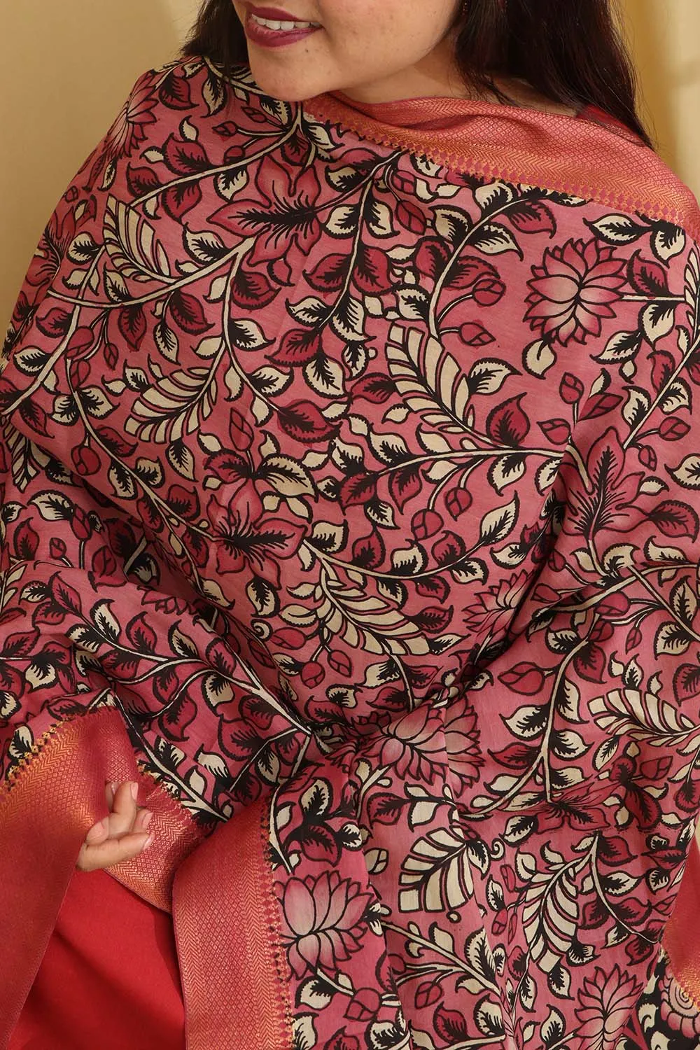 Beautiful Pink Kalamkari Hand Painted Pure Bangalore Silk Dupatta