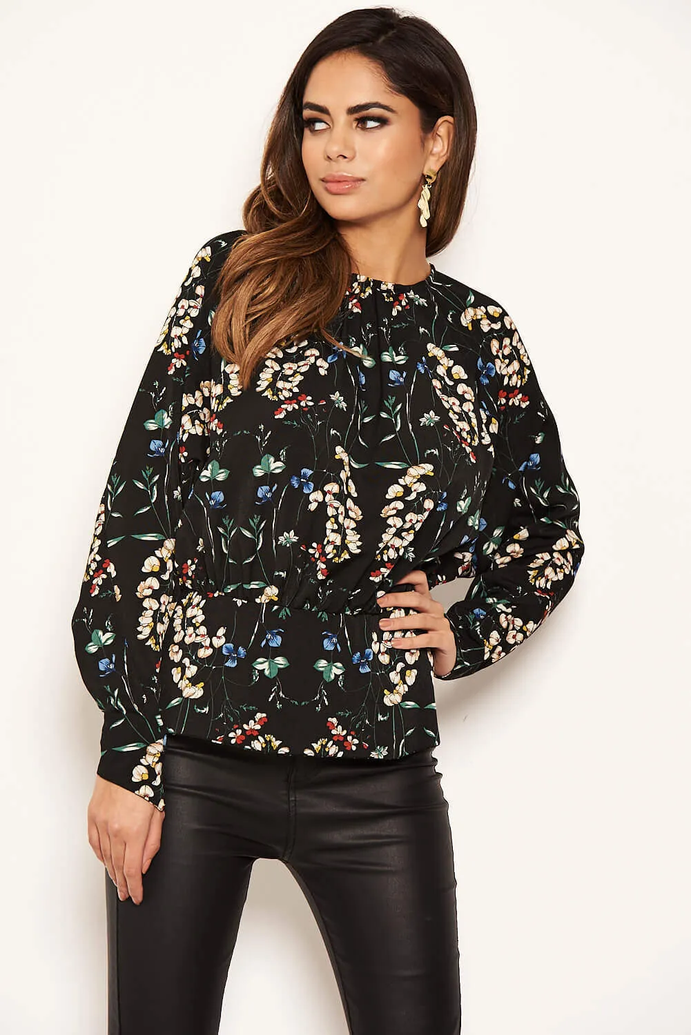 Black Floral Back Split Top