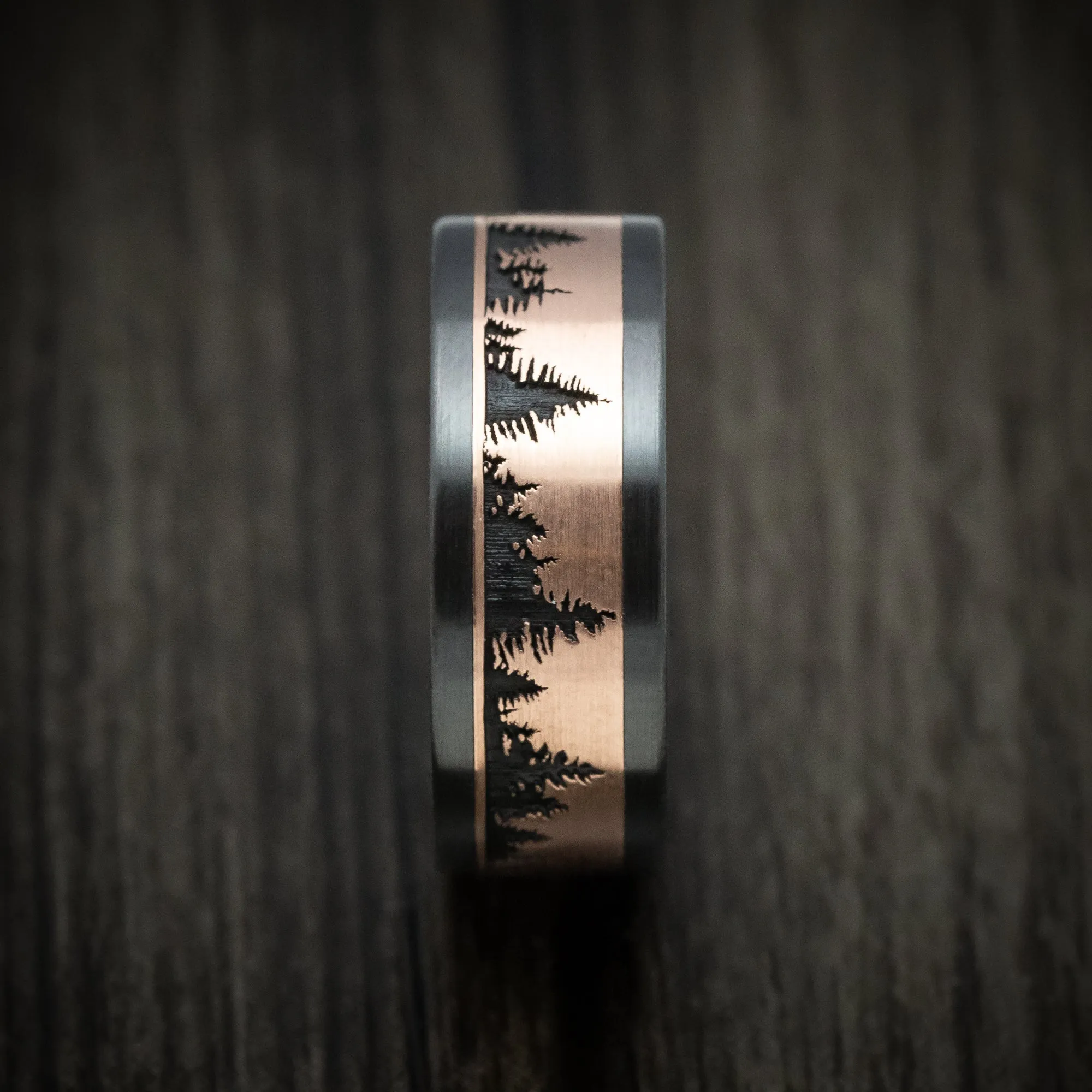 Black Titanium And Gold Spruce Pine Tree Design Men's Ring