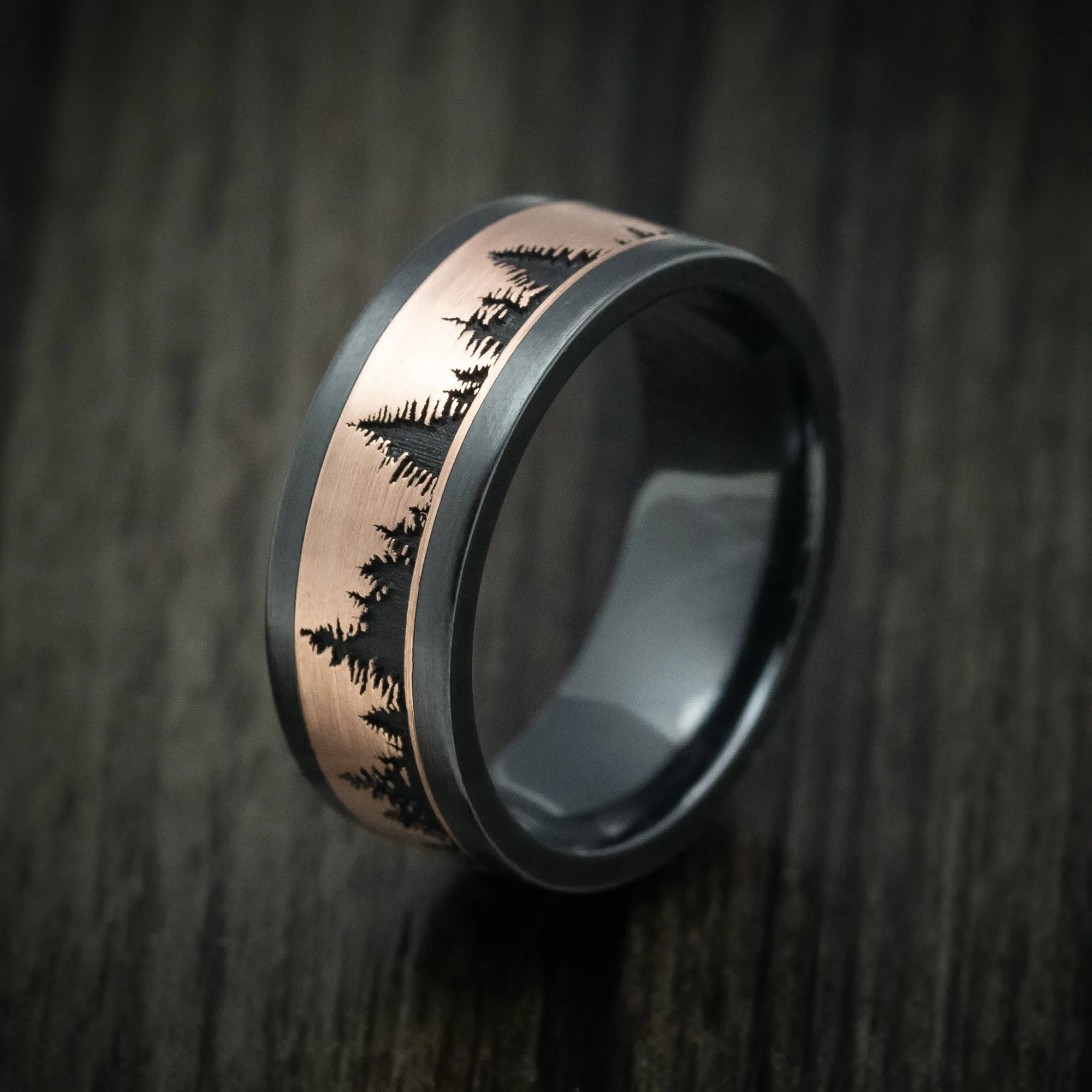 Black Titanium And Gold Spruce Pine Tree Design Men's Ring