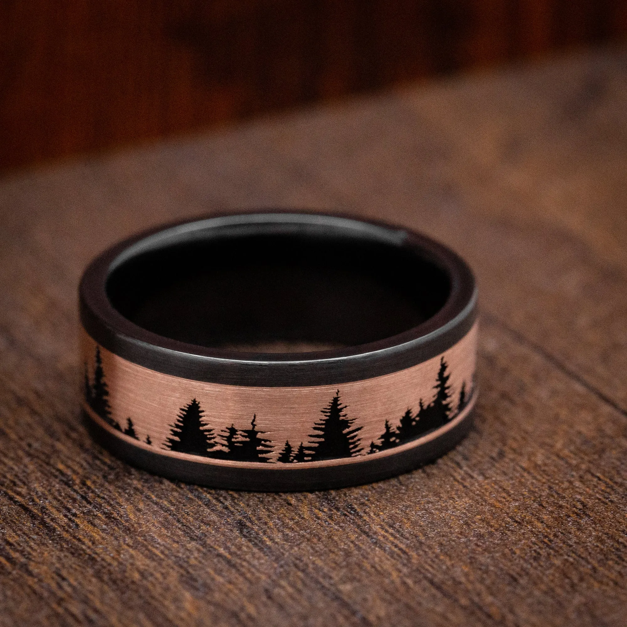 Black Titanium And Gold Spruce Pine Tree Design Men's Ring