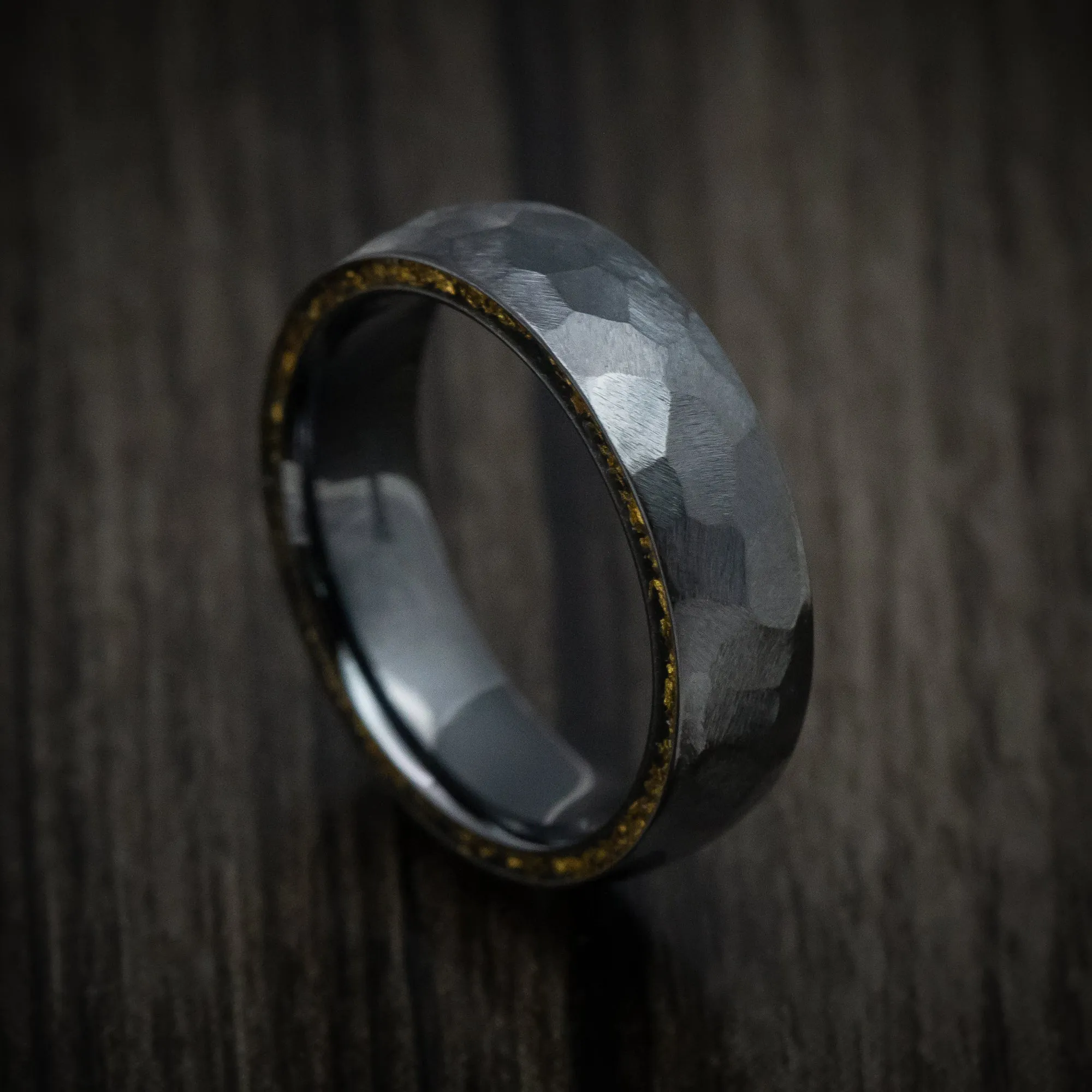 Black Zirconium and 24K Raw Gold Nugget Men's Ring Custom Made Band