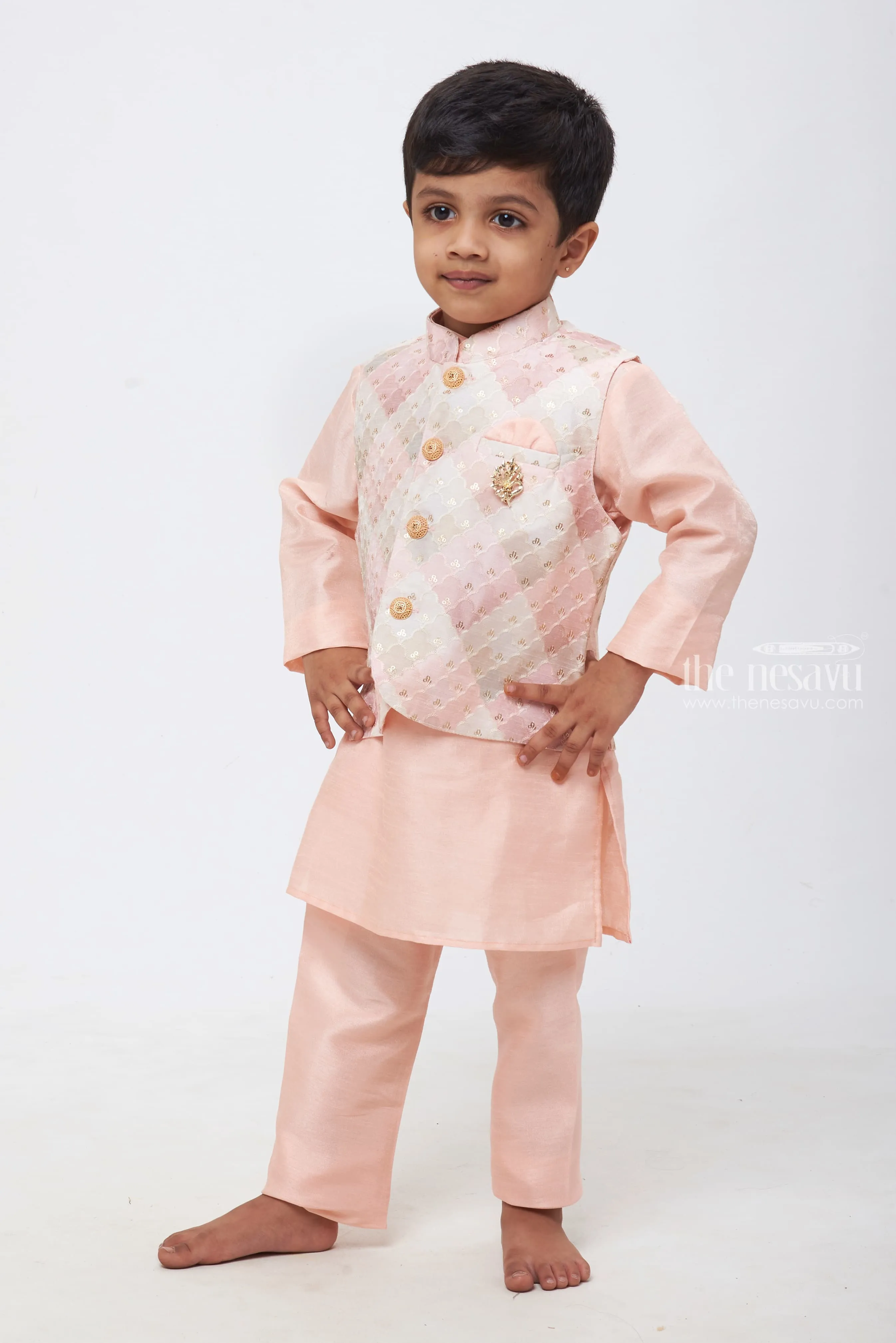 Blush Elegance: Boys Soft Pink Kurta Shirt and Pant Set with Pastel Embroidered Overcoat