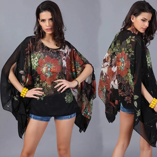 Boho Batwing Sleeve Chiffon Blouse Women Casual Floral Print Loose Kimono Shirts Big Size Beach Tunic Tops Peplum Blusa Robe