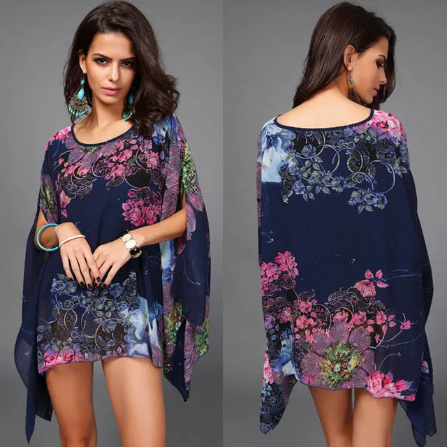 Boho Batwing Sleeve Chiffon Blouse Women Casual Floral Print Loose Kimono Shirts Big Size Beach Tunic Tops Peplum Blusa Robe