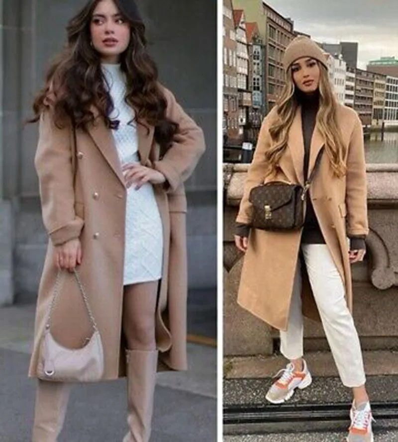 Cashmere Camel Beige Longline Double Breasted Knee Length Wool Trench Coat