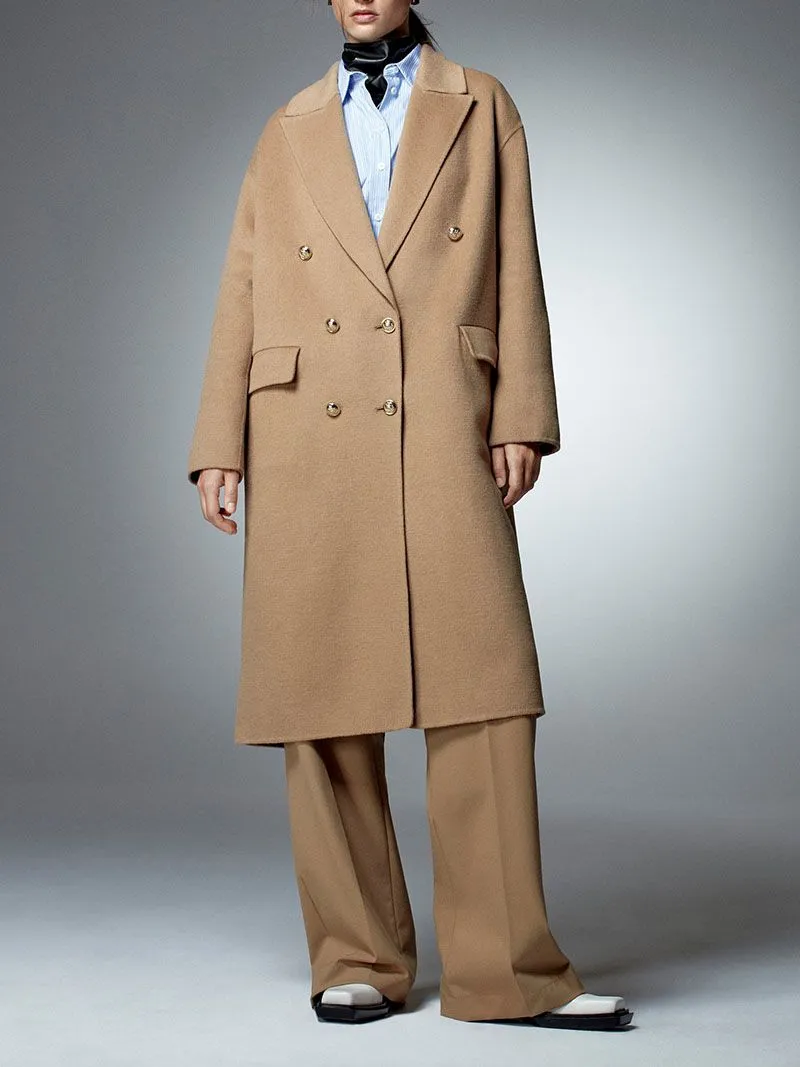 Cashmere Camel Beige Longline Double Breasted Knee Length Wool Trench Coat