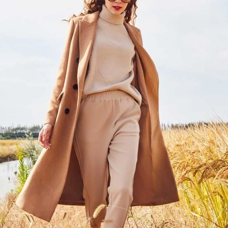 Cashmere Camel Beige Longline Double Breasted Knee Length Wool Trench Coat