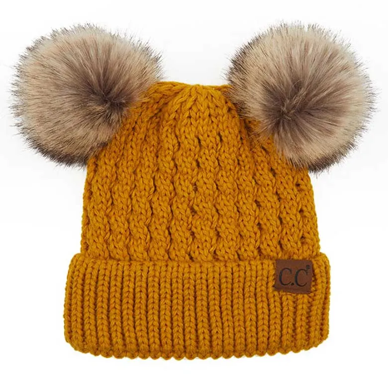 C.C Double Pom Pom All Over Cable Knit Beanie Hat