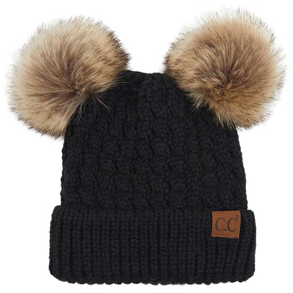 C.C Double Pom Pom All Over Cable Knit Beanie Hat