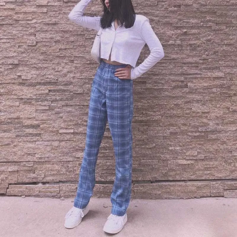 College Retro Gingham Straight Leg Checked Trousers Womens