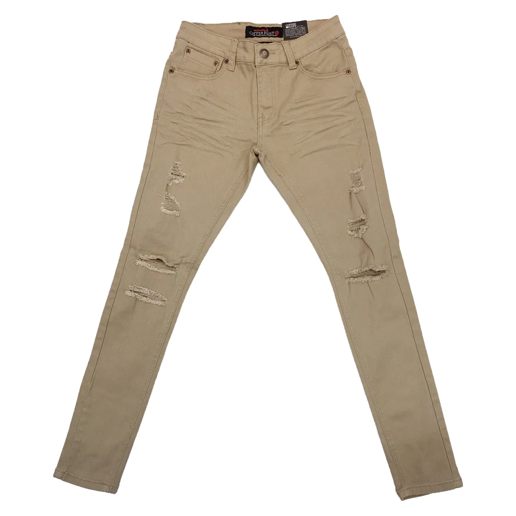 Copper Rivet Ripped Slim Jean (Khaki)