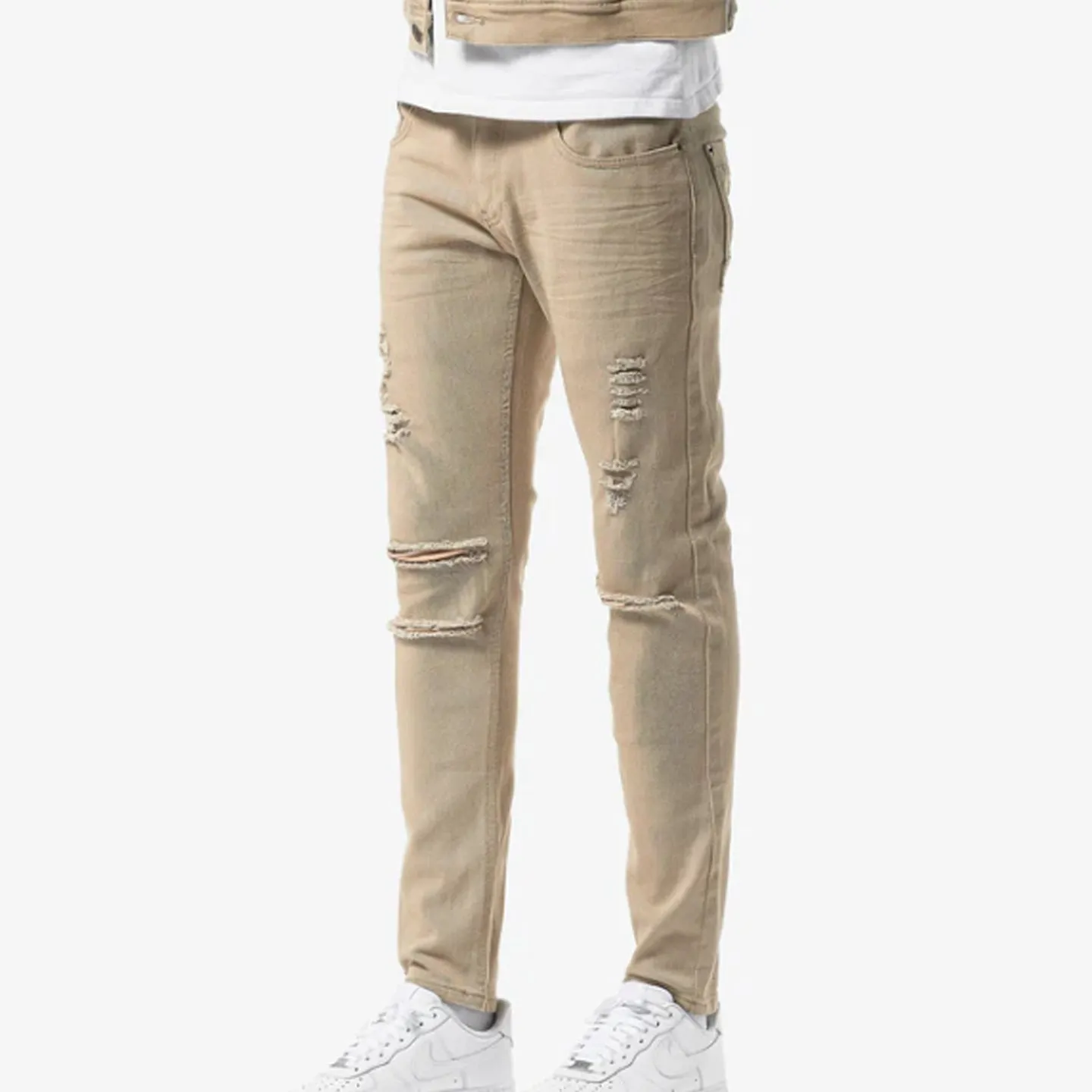 Copper Rivet Ripped Slim Jean (Khaki)