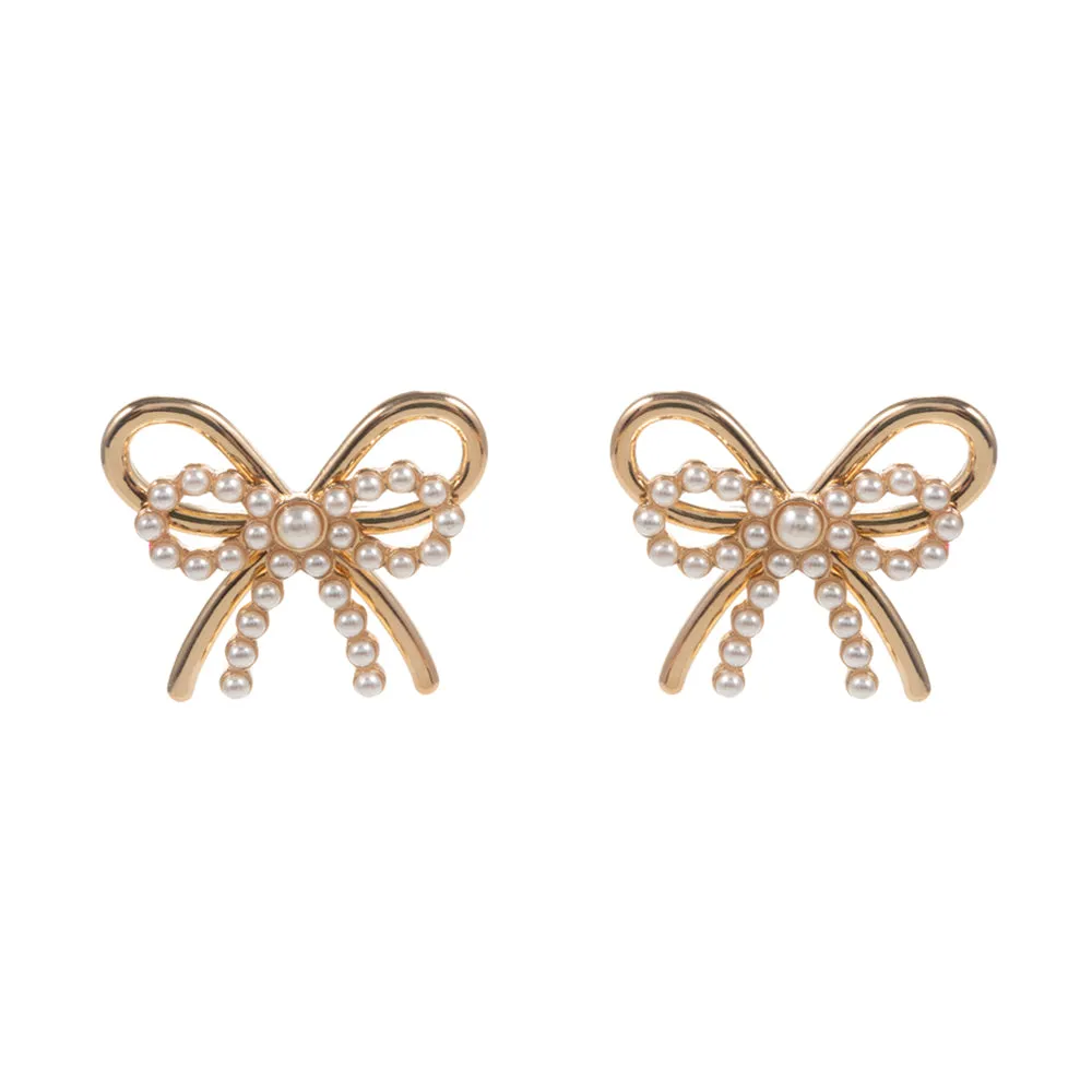 Cream Gold Pearl Metal Bow Earrings