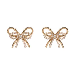 Cream Gold Pearl Metal Bow Earrings