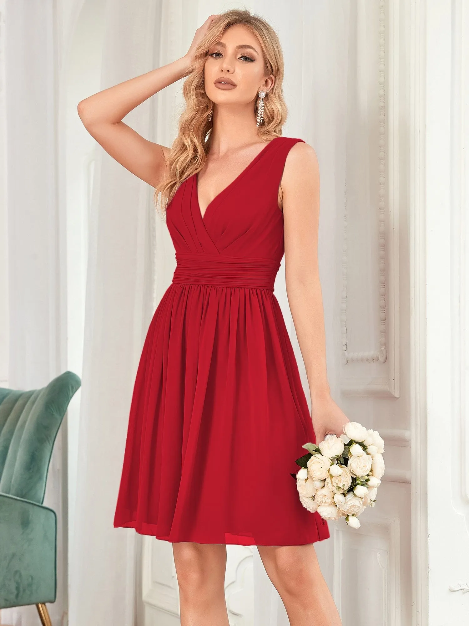 Custom Size Women Sleeveless V Neck Short Bridesmaid Dress