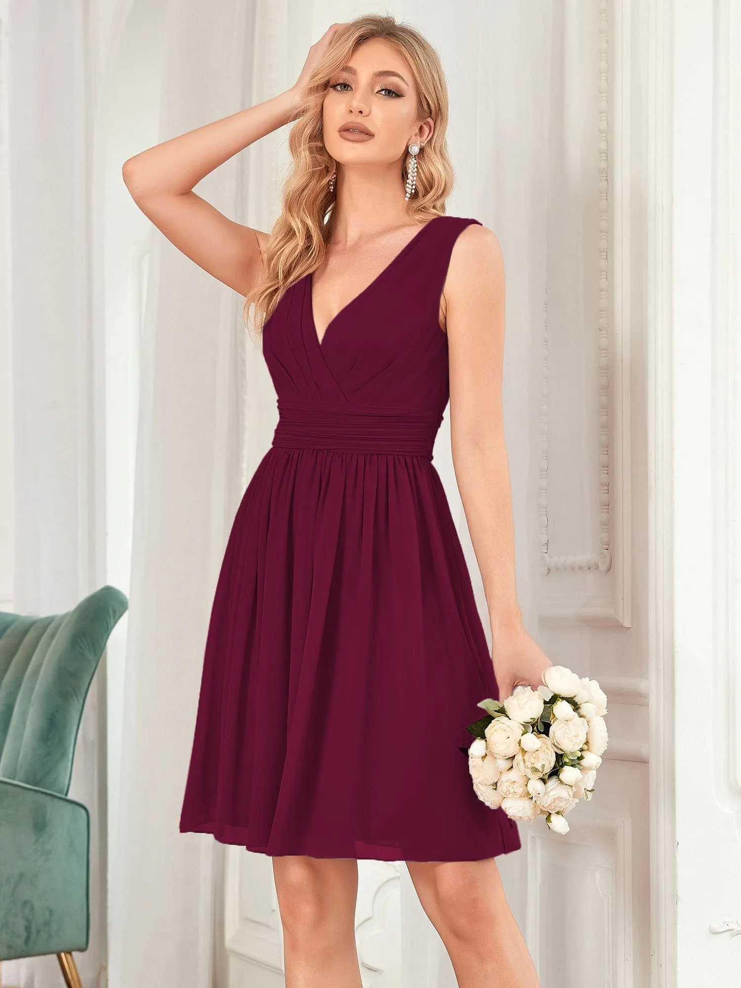 Custom Size Women Sleeveless V Neck Short Bridesmaid Dress