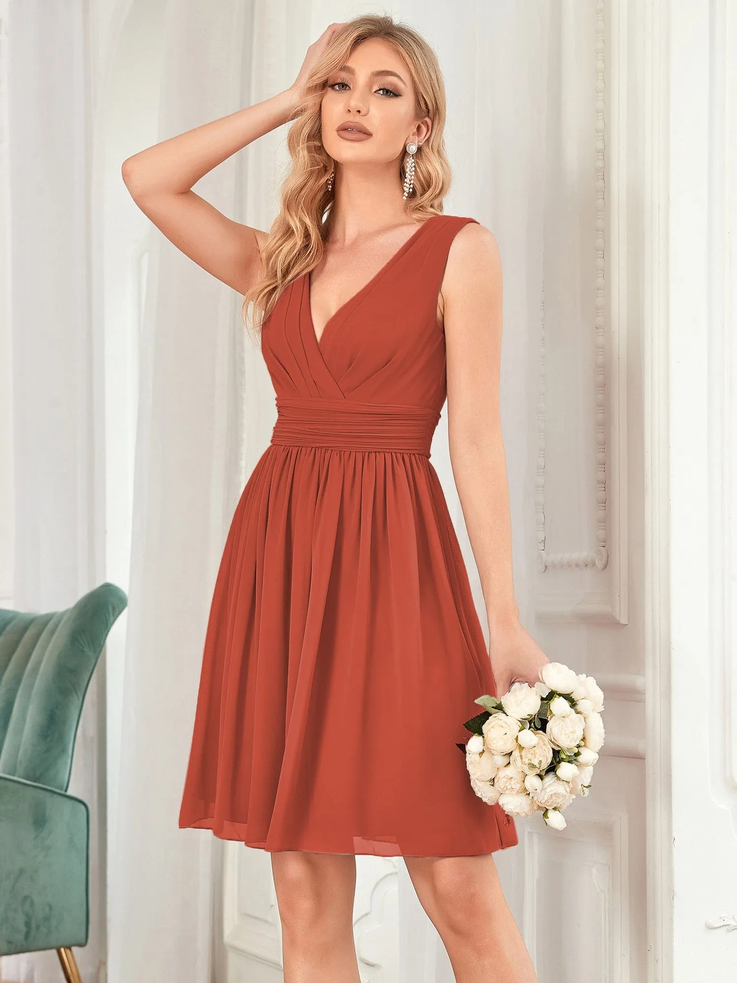 Custom Size Women Sleeveless V Neck Short Bridesmaid Dress