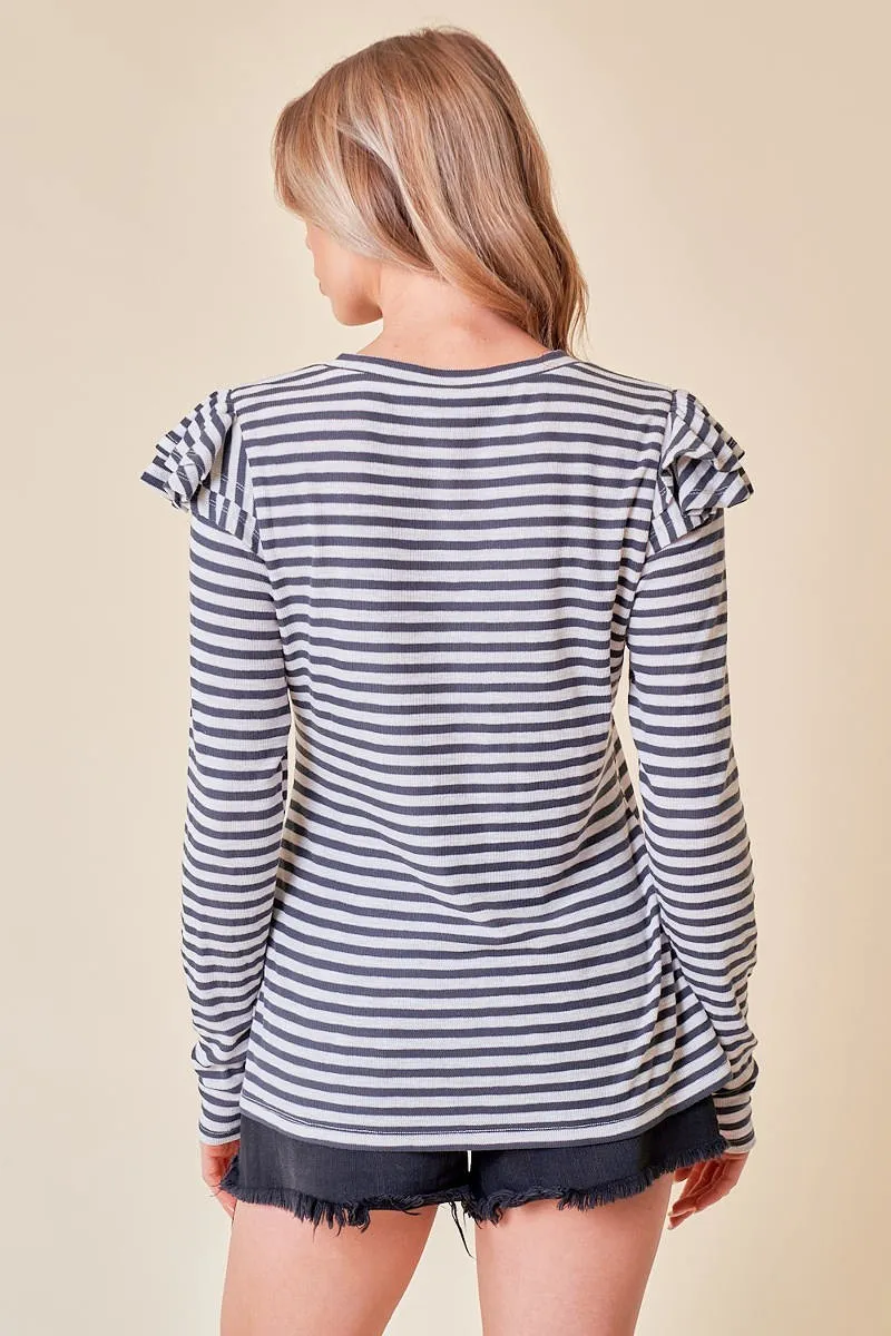 Dawn Ruffle Shoulder Long Sleeve Top Charcoal Stripe